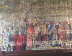 sipario di scena del Teatro degli Astrusi con l’arrivo a Montalcino degli esuli senesi del 1555